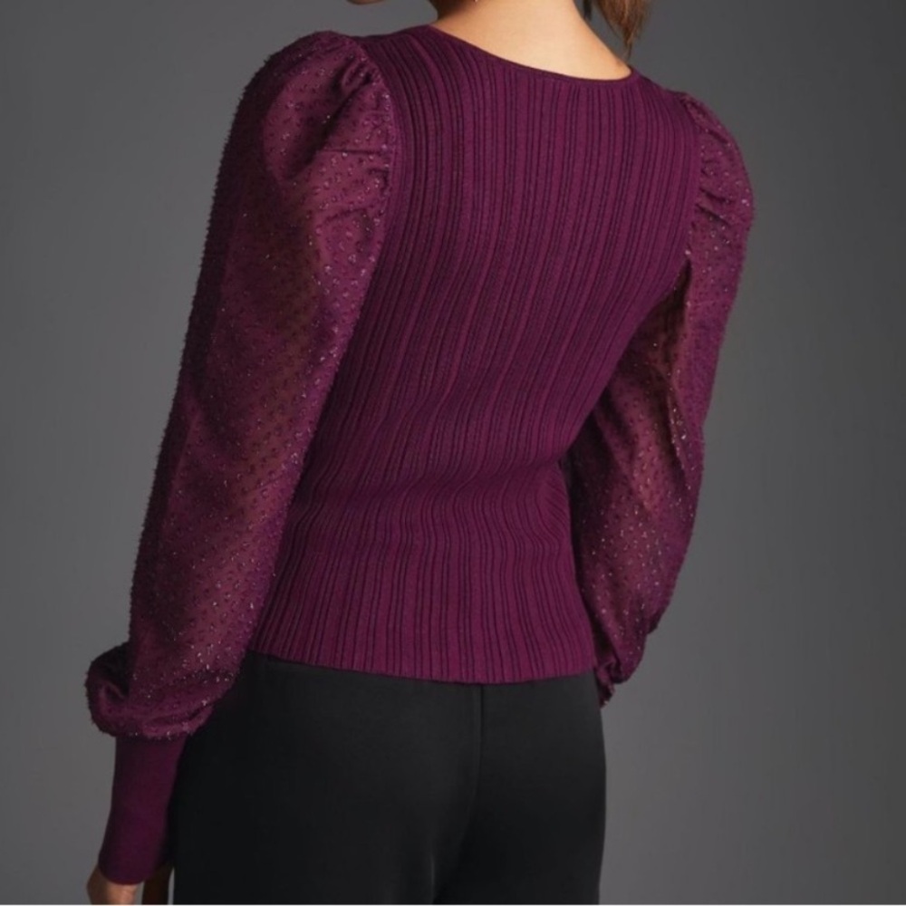 Anthropologie Elegant Purple Puff Sparkle Sleeve Women's Top - Picture 3 of 10